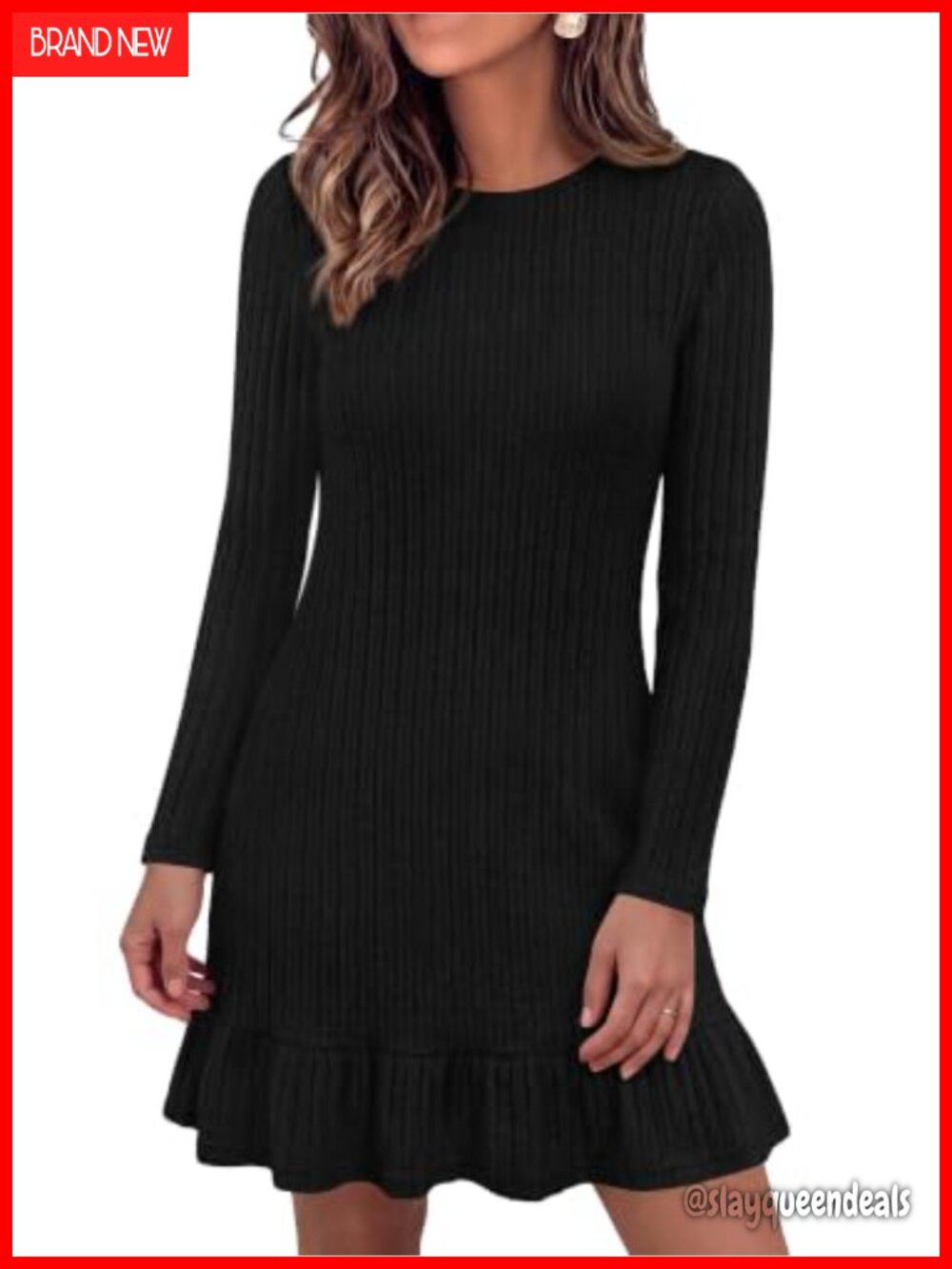Women's Long Sleeve Ribbed Knit Mini Sweater Dress Ruffle Hem